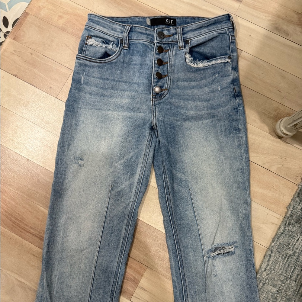 KUT high rise wide leg distressed jeans